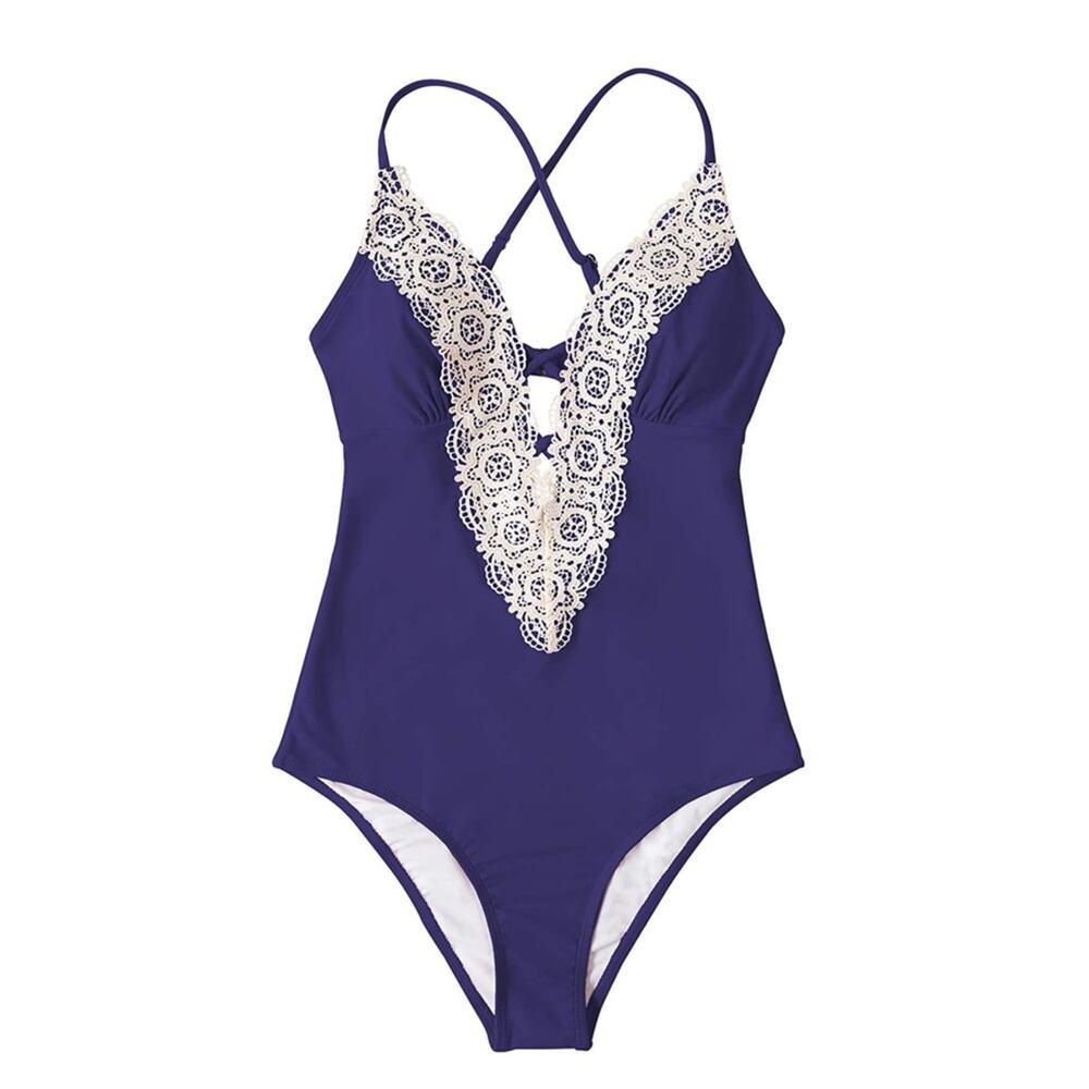 NWOT Cupshe Navy Crochet Plunging Criss Cross One Piece Bathing Suit